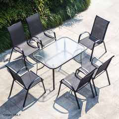 Homelements150CM Outdoor Leisure Combination Square Table and Chair Waterproof Sun-proof Anti-corrosion Garden Table and Chair Water Ripple Tabletop 6 Pieces of Textilene Mesh Chair