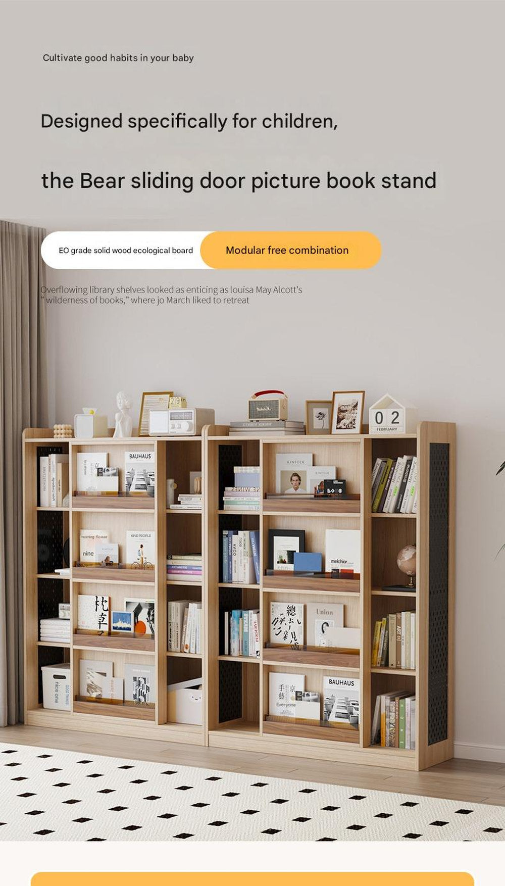 Children's Bookshelf Solid Wood Picture Book Shelf Floor Shelf Baby Reading Area Multifunctional Sliding Door Bookcase