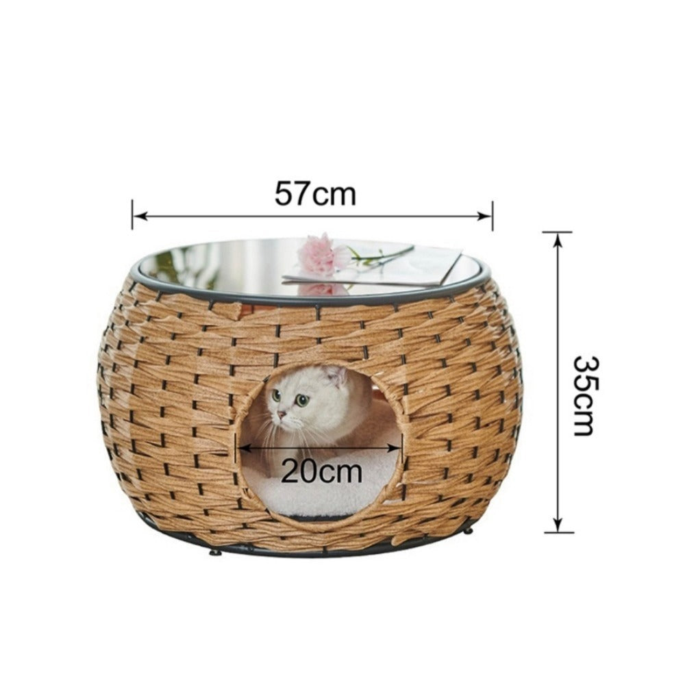 Homelements Wicker Cat Bed and Coffee Table Combo Washable Pet House for Cats and Dogs Semi-enclosed Cat Crate Shared Furniture for Cats and Dogs Versatile Cat and Dog Bed