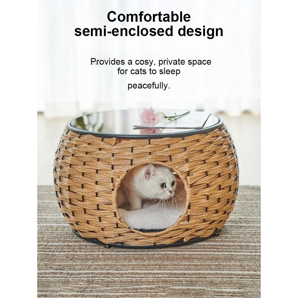 Homelements Wicker Cat Bed and Coffee Table Combo Washable Pet House for Cats and Dogs Semi-enclosed Cat Crate Shared Furniture for Cats and Dogs Versatile Cat and Dog Bed