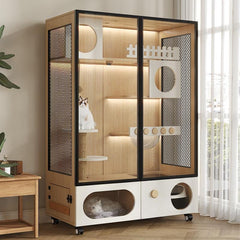 Homelements Wood Cat Cage for Living Room Cat House Movable Light Luxury Creative Household Cage for Cats