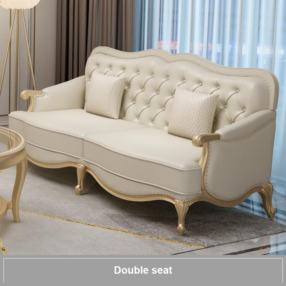 Homelements American Luxury Sofa Modern European Style with Gold Metal and Solid Wood Living Room Furniture 1+2+3 Seat Genuine Leather Sofa