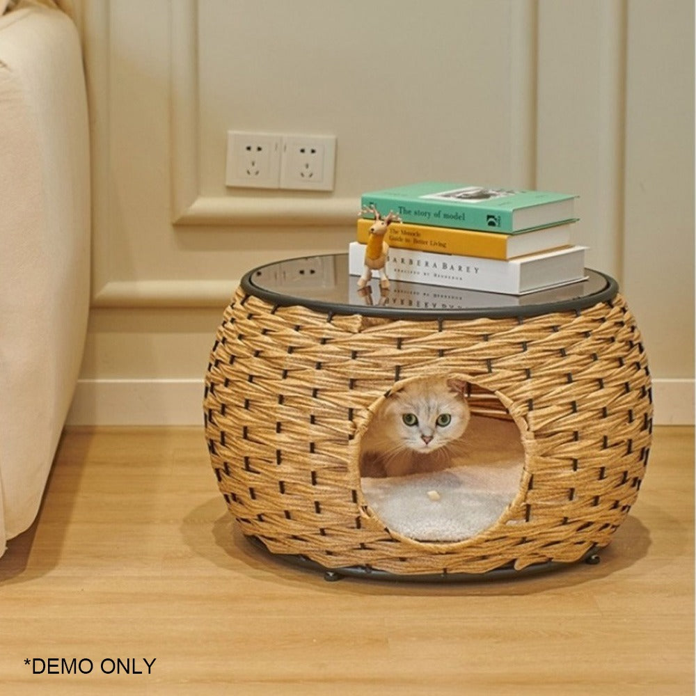 Homelements Wicker Cat Bed and Coffee Table Combo Washable Pet House for Cats and Dogs Semi-enclosed Cat Crate Shared Furniture for Cats and Dogs Versatile Cat and Dog Bed