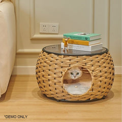 Homelements Wicker Cat Bed and Coffee Table Combo Washable Pet House for Cats and Dogs Semi-enclosed Cat Crate Shared Furniture for Cats and Dogs Versatile Cat and Dog Bed