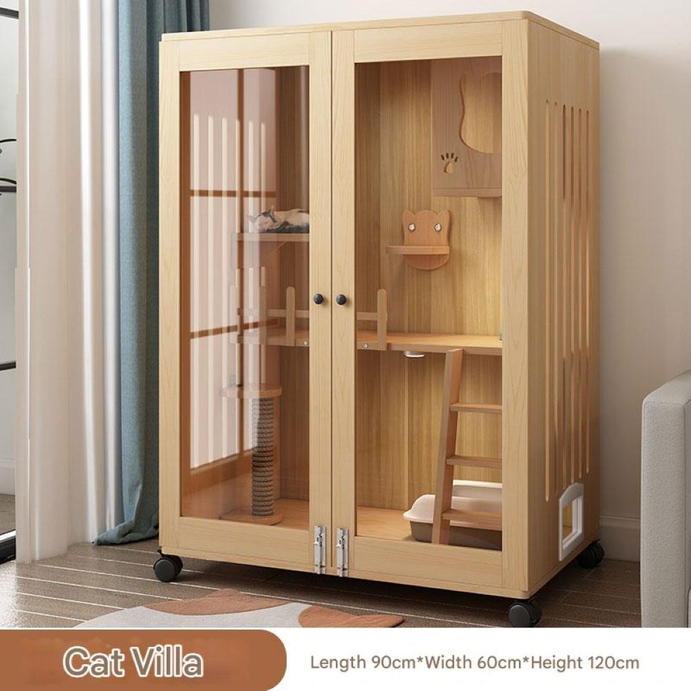 Solid Wood Cat Villa Cat Cage Household Cat House Three-layer Cat Cabinet Indoor Breeding Cage Cat Nest Multi-layer Kitten Room Cat House