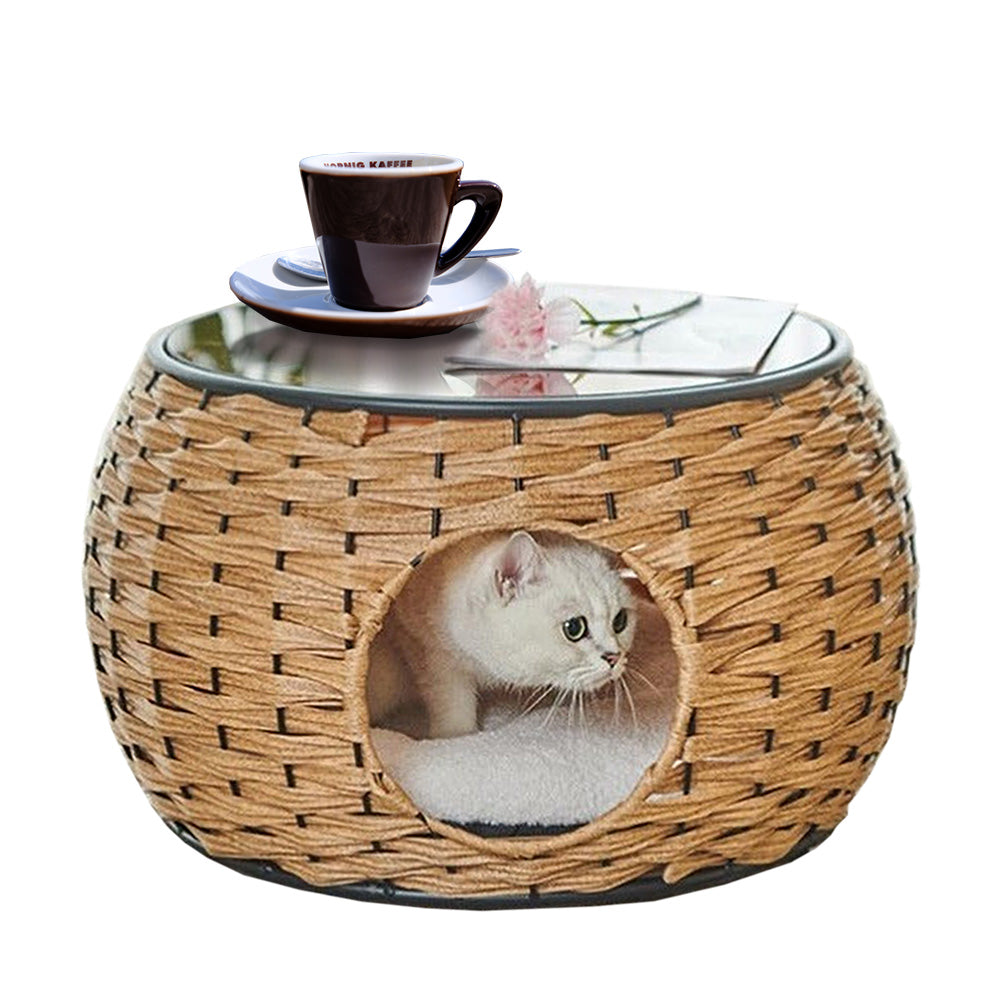 Homelements Wicker Cat Bed and Coffee Table Combo Washable Pet House for Cats and Dogs Semi-enclosed Cat Crate Shared Furniture for Cats and Dogs Versatile Cat and Dog Bed