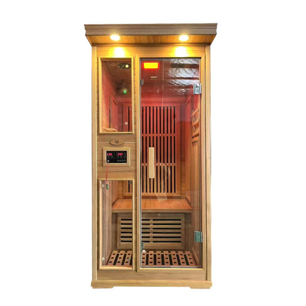 Homelements 1350W Hemlock Wood Sauna Room Mobile Sweat Steaming Box Round Sweat Steaming Room Home Adult Tourmaline Far Infrared Sweat Steaming Room Infared Sauna Room Indoor