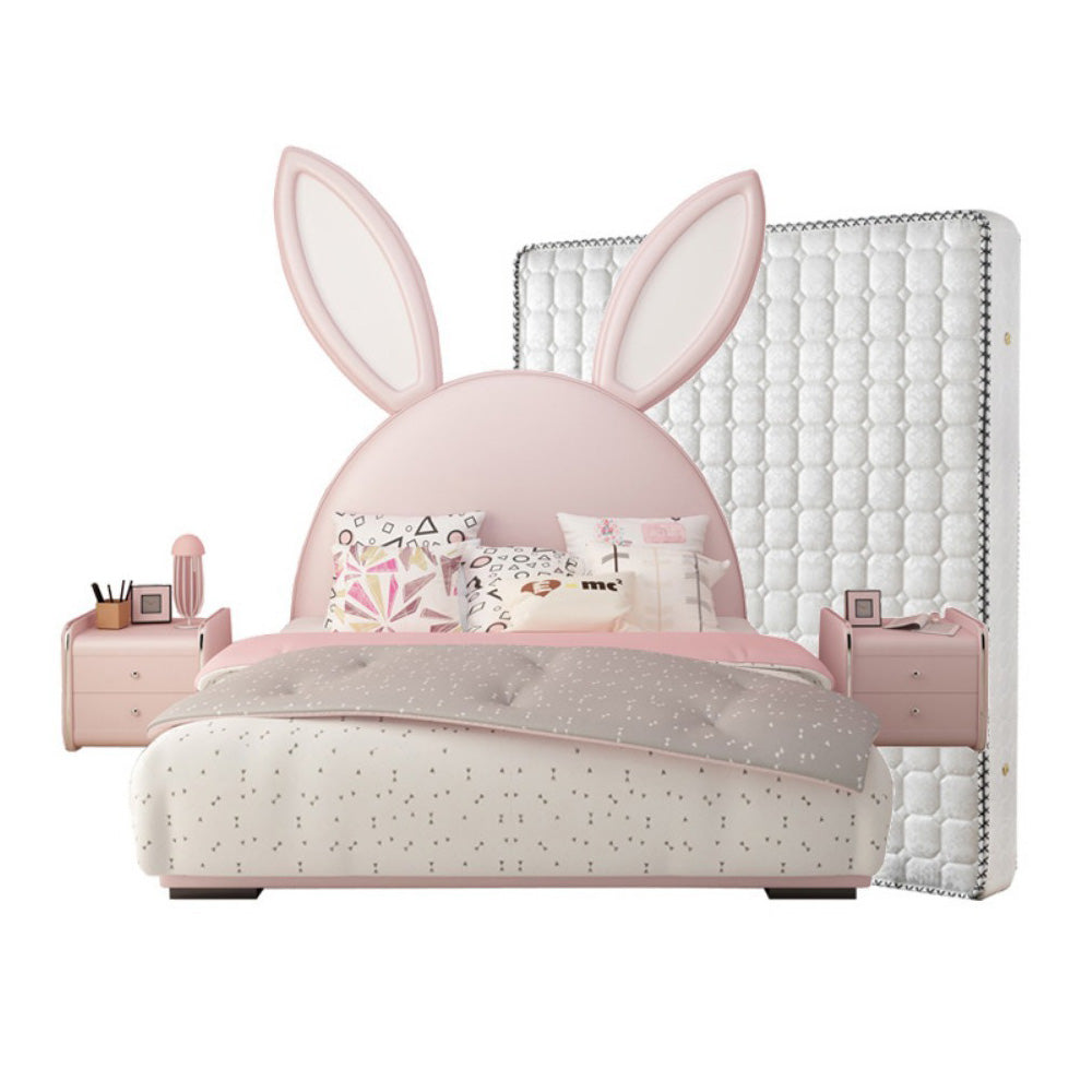 Homelements Modern Simple Rabbit Children's Bed Girl Princess Bed 1.2 Meters Storage Bedroom Leather Bed Boy Single Solid Wood Bed Modern Cartoon Wood Convertible Luxury Bed Room Furniture House Kids Classic Storage Twin Beds for Girls