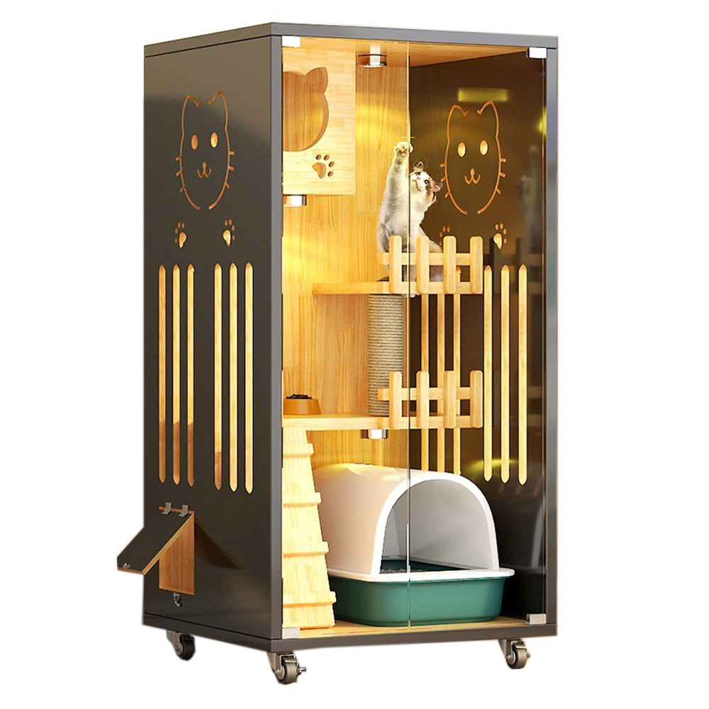 Homelements Solid Wood Luxury Wooden Cat Villa Cat House Home Indoor  Solid Wood Sisal  Post Cat Climbing Frame Cat Bridge Cat House Cat House Large Space Pet Cage Multi-Feature Enclosed Cat Condo Wooden Pet House Cat with Scratching Post Wheels