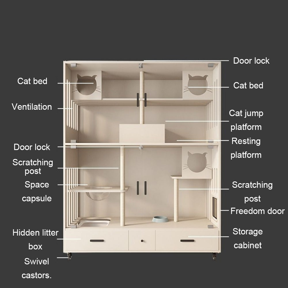 Homelements Solid Wood Cat Villa with Spacious Free Play Area Pet Apartment House Furniture Multi-level Wooden Cat House Cat Cage Wooden Cat Bed Cat Home Suitable for Home and Commercial Use