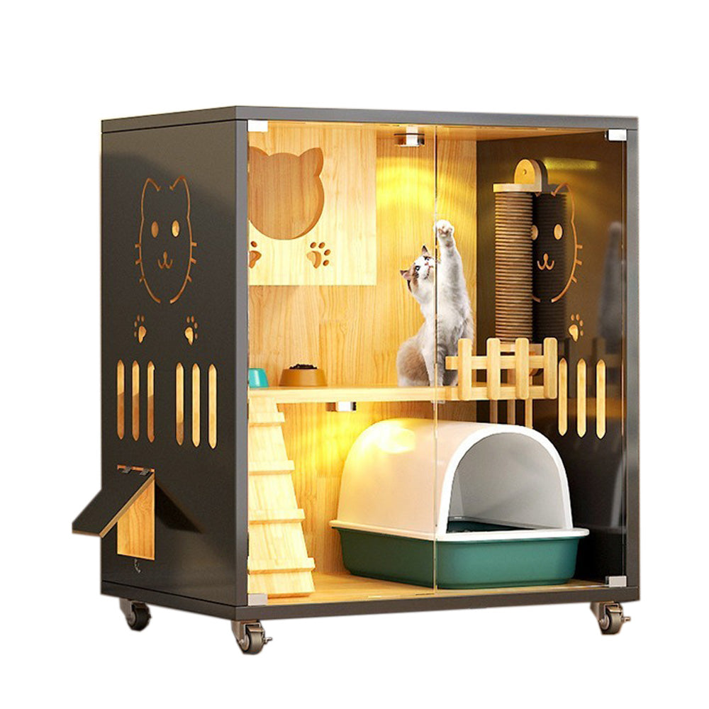 Homelements Solid Wood Luxury Wooden Cat Villa Cat House Home Indoor  Solid Wood Sisal  Post Cat Climbing Frame Cat Bridge Cat House Cat House Large Space Pet Cage Multi-Feature Enclosed Cat Condo Wooden Pet House Cat with Scratching Post Wheels