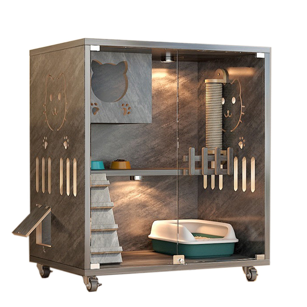 Homelements Solid Wood Luxury Wooden Cat Villa Cat House Home Indoor  Solid Wood Sisal  Post Cat Climbing Frame Cat Bridge Cat House Cat House Large Space Pet Cage Multi-Feature Enclosed Cat Condo Wooden Pet House Cat with Scratching Post Wheels