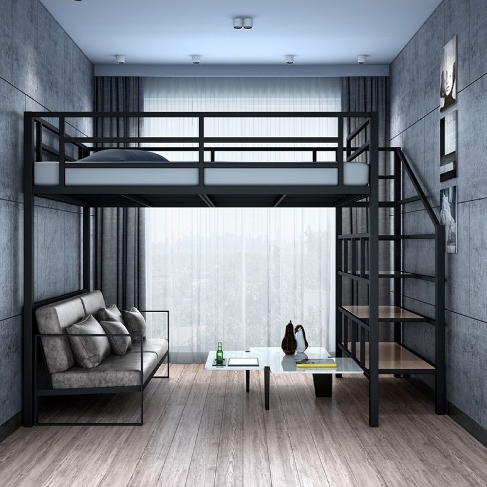 Elevated Upper and Lower Beds Small Apartment Pavilion Bed Saving Space Carbon Steel Shelf High and Low Double Simple and Modern